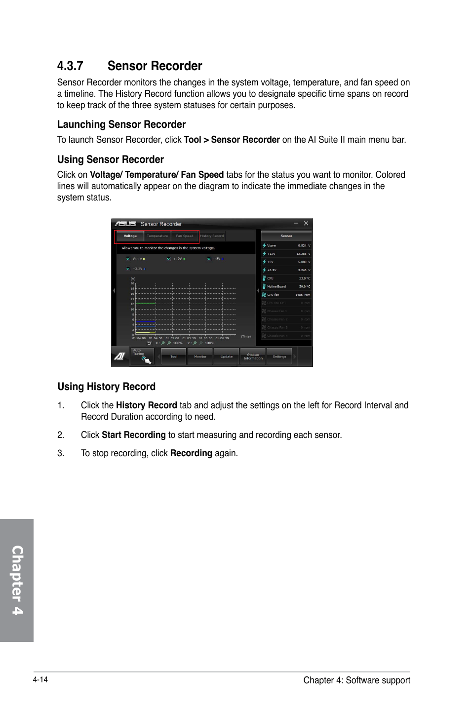 7 sensor recorder, Sensor recorder -14, Chapter 4 | Asus P8Z77-V LX2 User Manual | Page 112 / 156