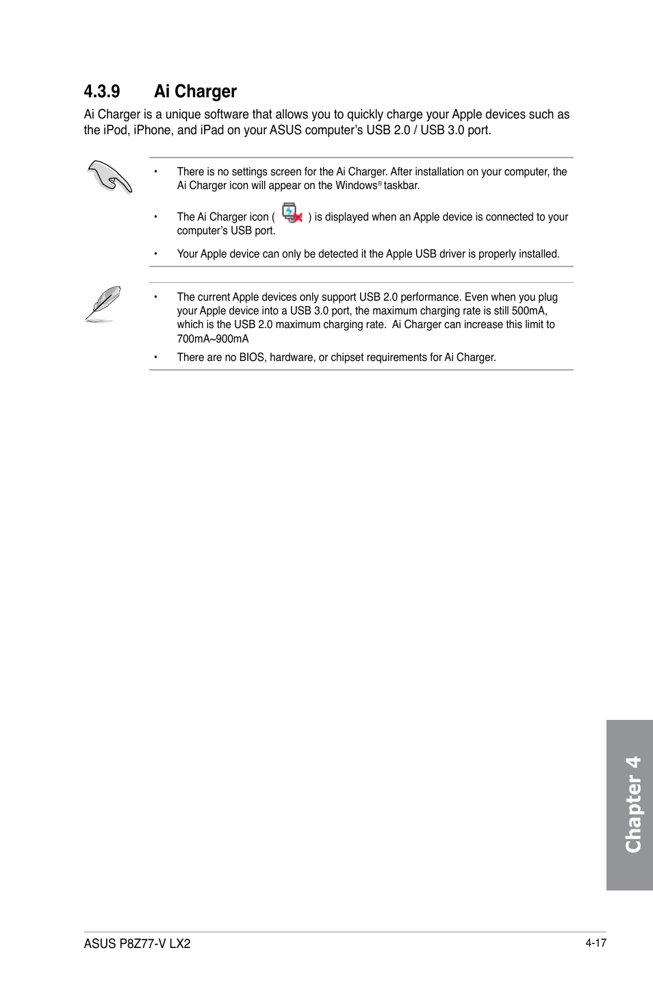 9 ai charger, Ai charger -17, Chapter 4 | Asus P8Z77-V LX2 User Manual | Page 115 / 156