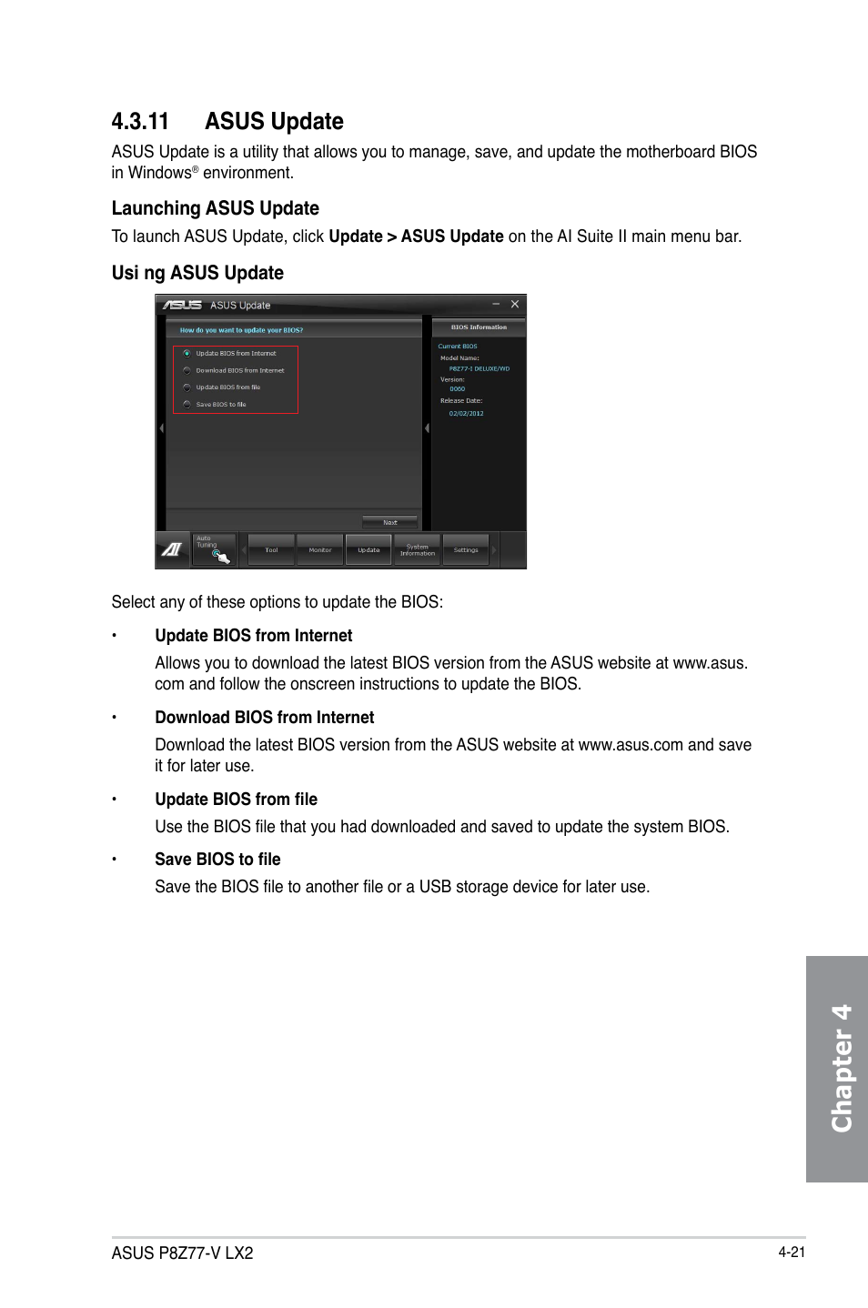 11 asus update, Asus update -21, Chapter 4 | Asus P8Z77-V LX2 User Manual | Page 119 / 156