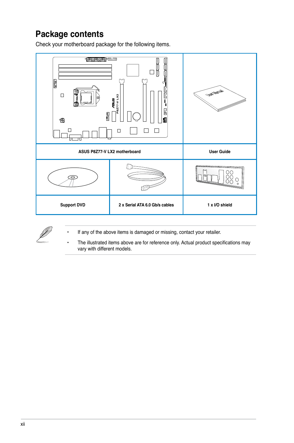 Package contents, User manual | Asus P8Z77-V LX2 User Manual | Page 12 / 156