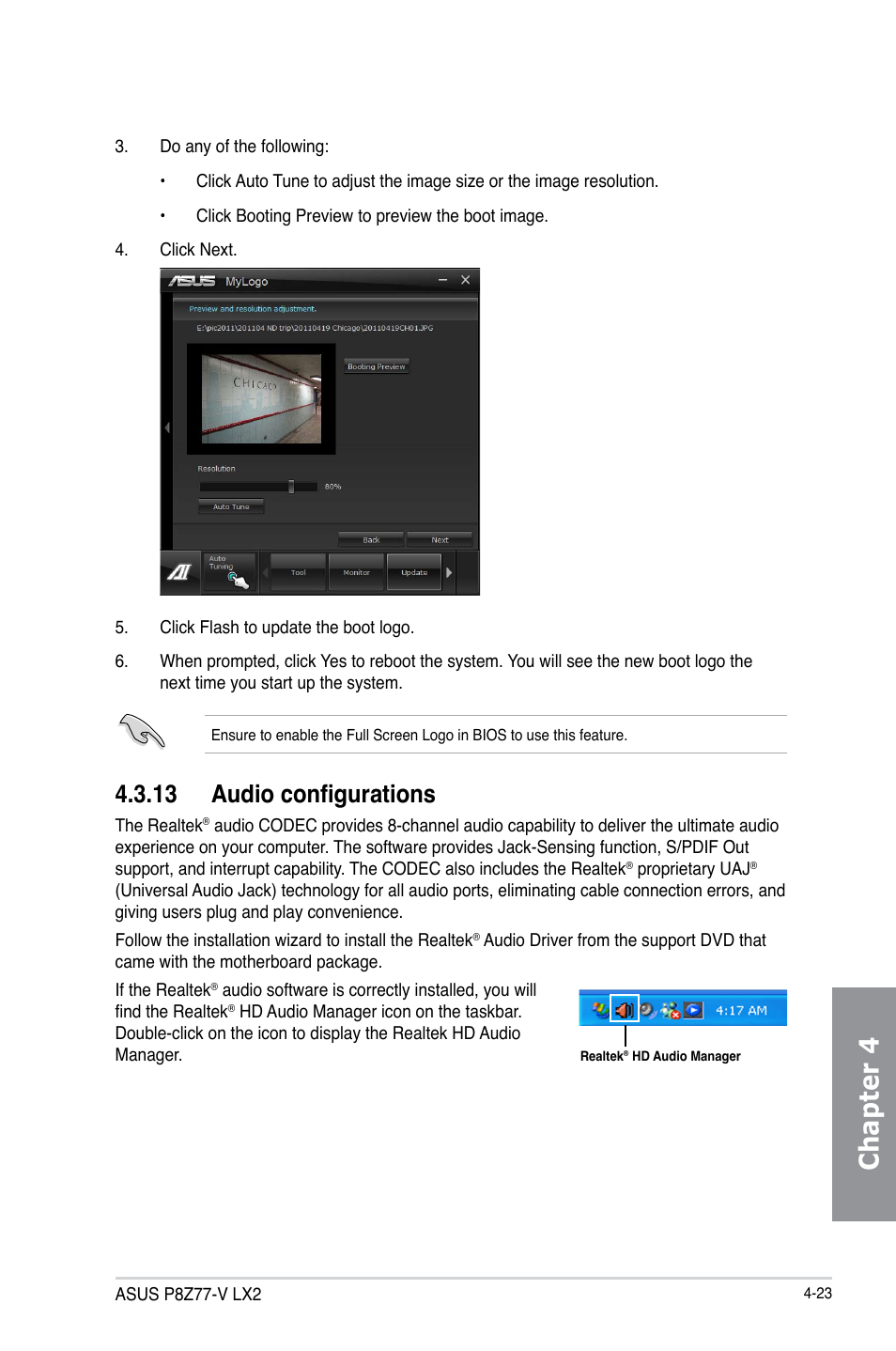 13 audio configurations, Audio configurations -23, Chapter 4 | Asus P8Z77-V LX2 User Manual | Page 121 / 156