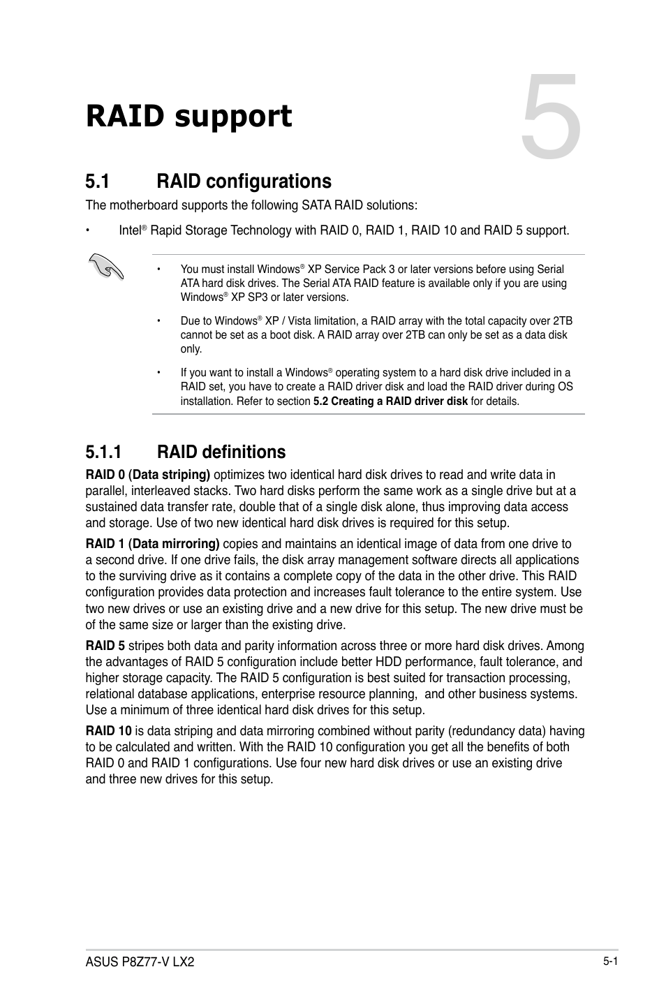 Raid support, 1 raid configurations, 1 raid definitions | Raid configurations -1 5.1.1, Raid definitions -1, Chapter 5 | Asus P8Z77-V LX2 User Manual | Page 123 / 156