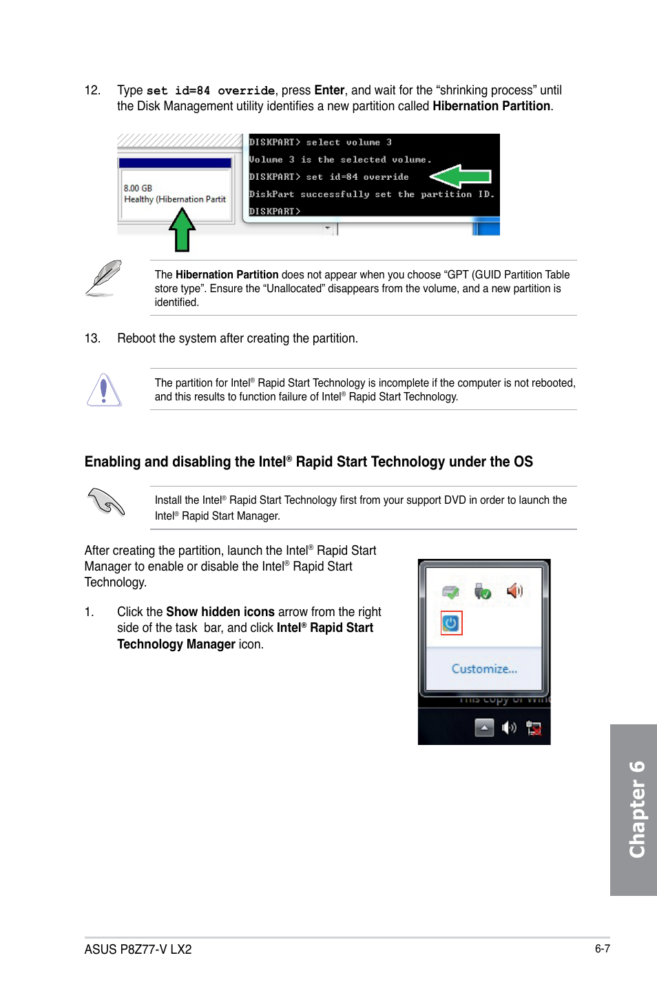 Chapter 6, Enabling and disabling the intel, Rapid start technology under the os | Asus P8Z77-V LX2 User Manual | Page 141 / 156