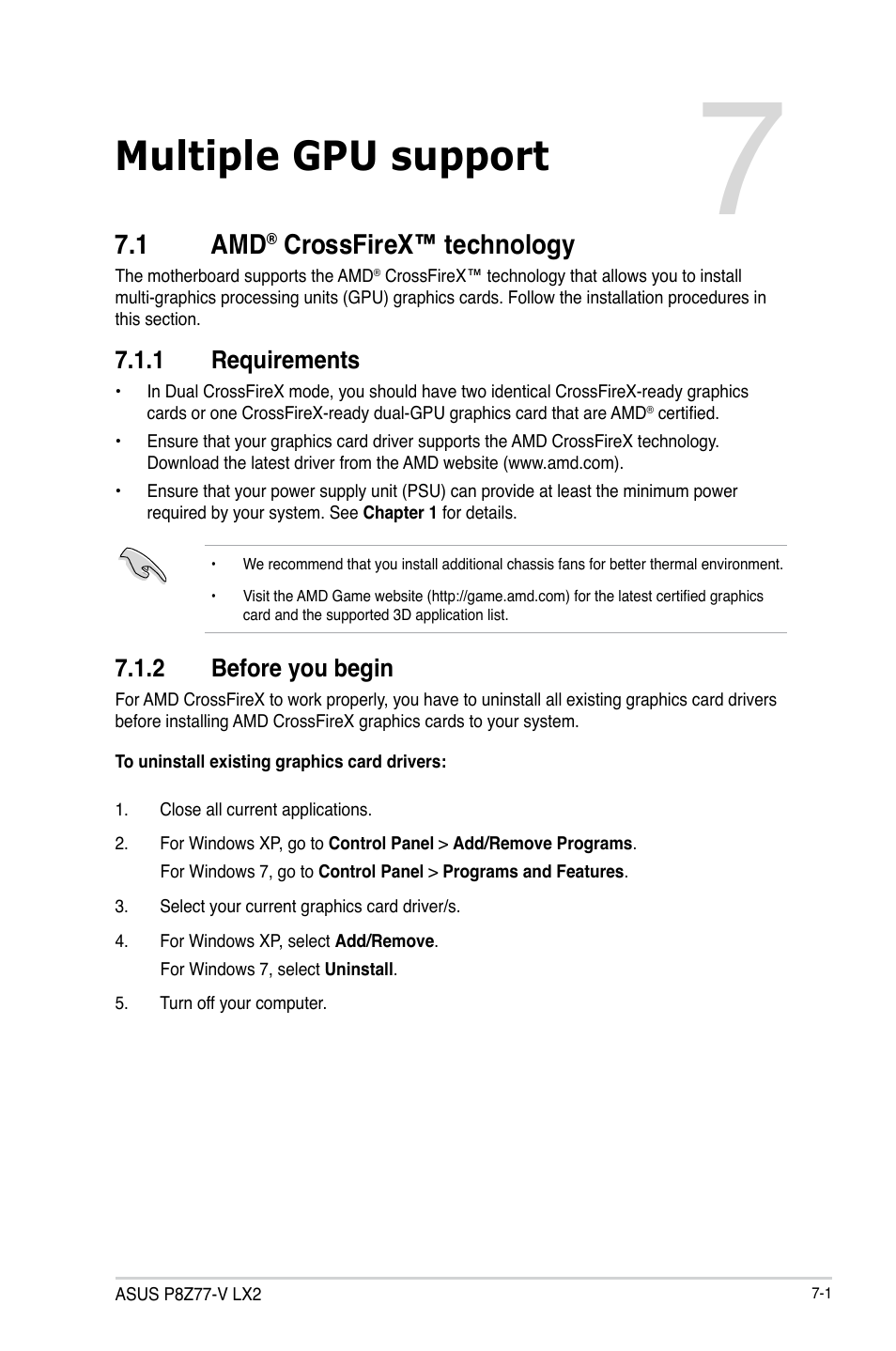 Multiple gpu support, 1 amd® crossfirex™ technology, 1 requirements | 2 before you begin, Crossfirex™ technology -1, Requirements -1, Before you begin -1, Chapter 7, 1 amd, Crossfirex™ technology | Asus P8Z77-V LX2 User Manual | Page 147 / 156