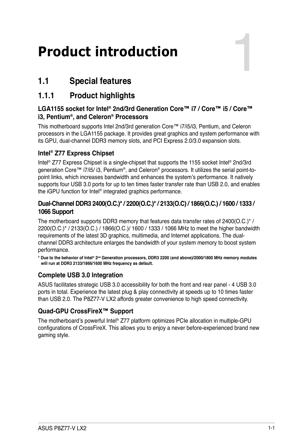 Product introduction, 1 special features, 1 product highlights | Special features -1 1.1.1, Product highlights -1 | Asus P8Z77-V LX2 User Manual | Page 15 / 156