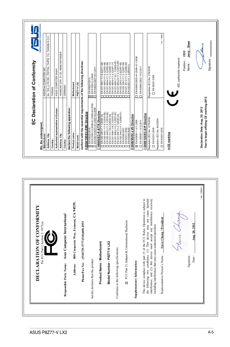 Asus p8z77-v lx2, Declaration of conformity, Ec declaration of conformity | Asu s c om pu te r in te rn at io na l | Asus P8Z77-V LX2 User Manual | Page 155 / 156