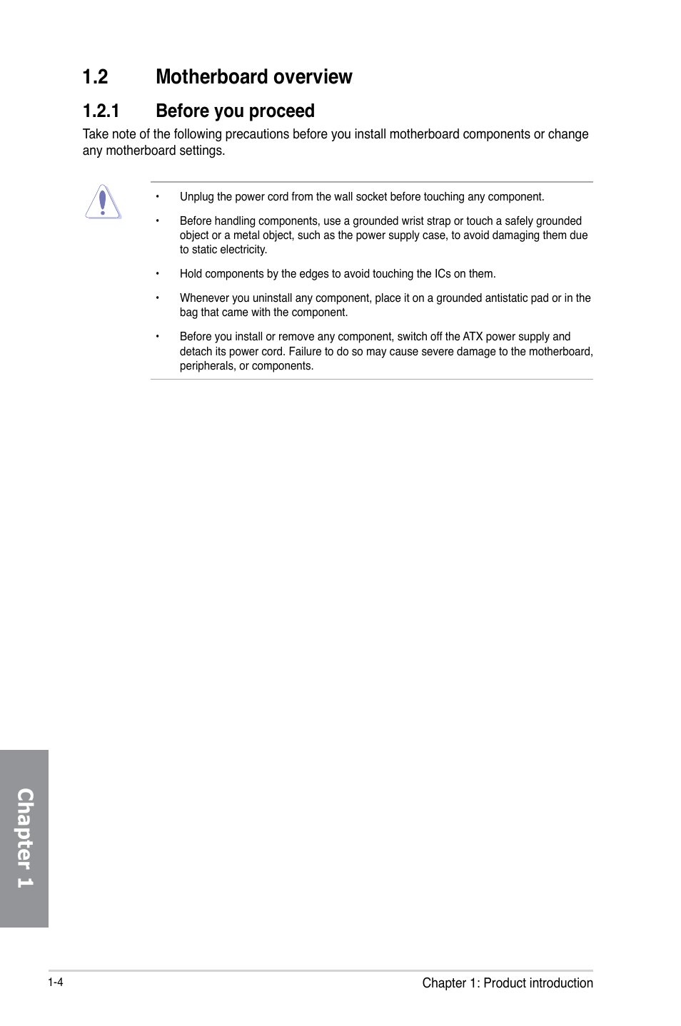 2 motherboard overview, 1 before you proceed, Motherboard overview -4 1.2.1 | Before you proceed -4, Chapter 1, Chapter 1 1.2 motherboard overview | Asus P8Z77-V LX2 User Manual | Page 18 / 156