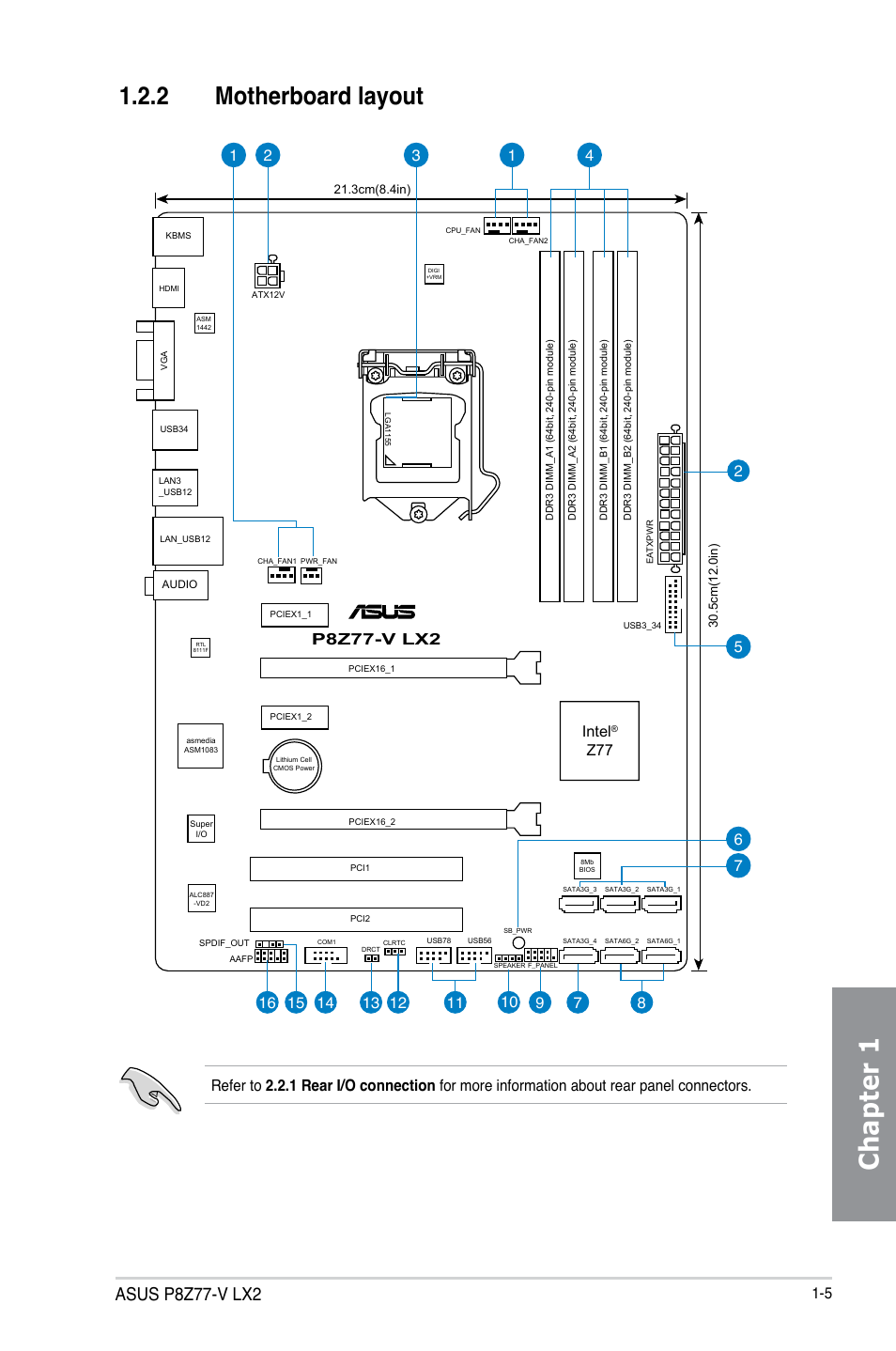 2 motherboard layout, Motherboard layout -5, Chapter 1 | Asus p8z77-v lx2, Intel | Asus P8Z77-V LX2 User Manual | Page 19 / 156