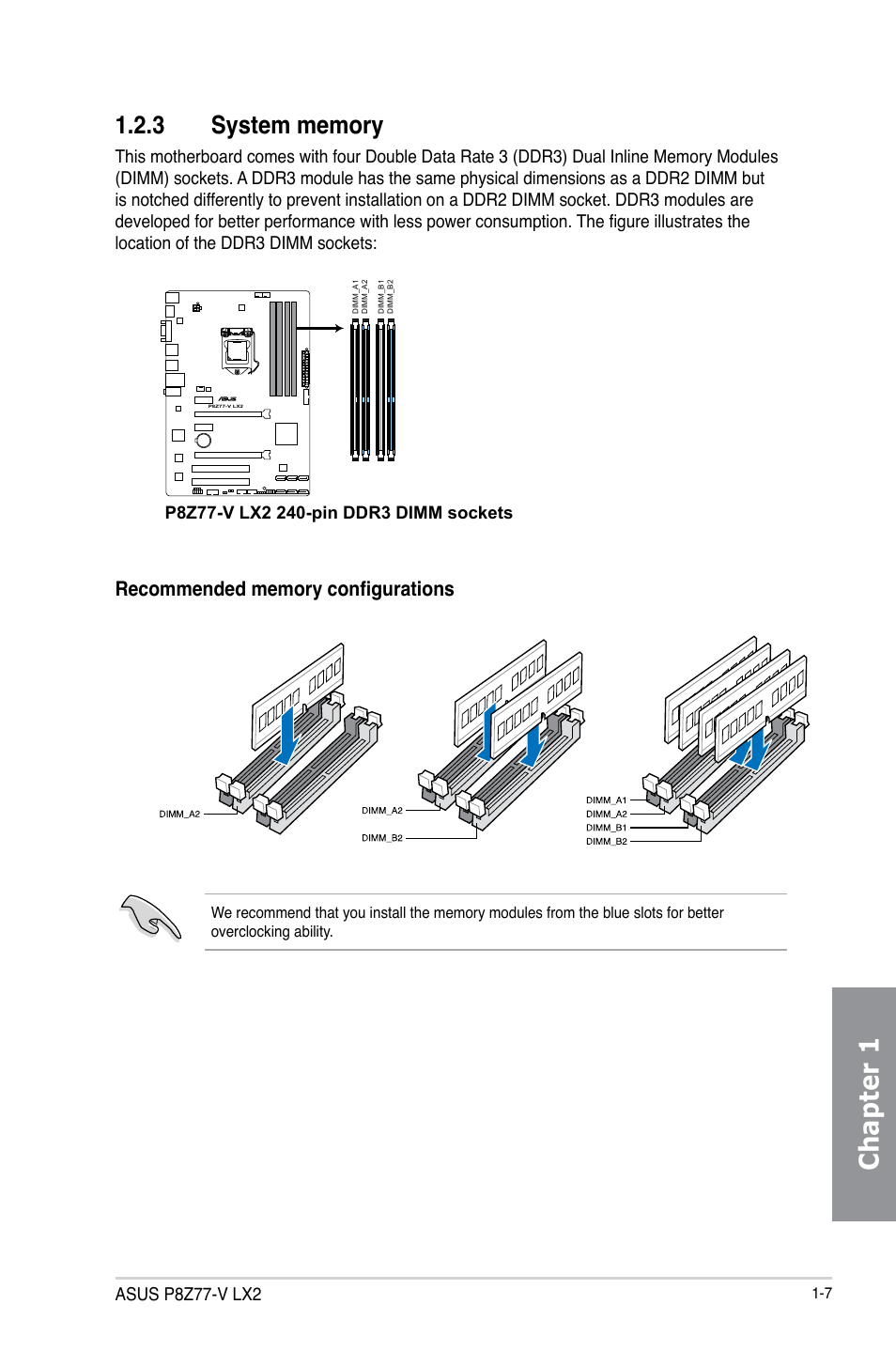 3 system memory, System memory -7, Chapter 1 | Asus P8Z77-V LX2 User Manual | Page 21 / 156