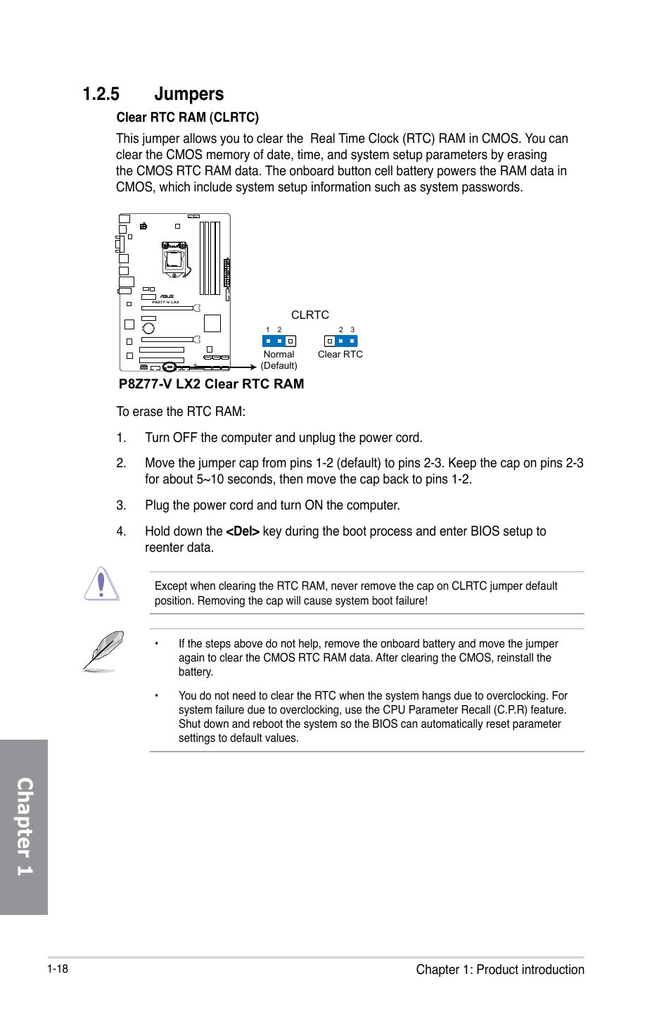 5 jumpers, Jumpers -18, Chapter 1 | Asus P8Z77-V LX2 User Manual | Page 32 / 156