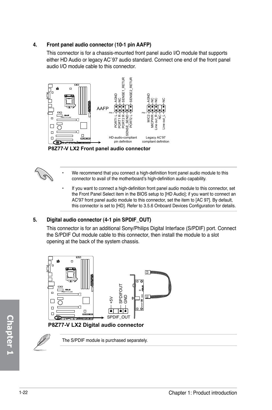 Chapter 1, Chapter 1: product introduction, P8z77-v lx2 digital audio connector | P8z77-v lx2 front panel audio connector | Asus P8Z77-V LX2 User Manual | Page 36 / 156