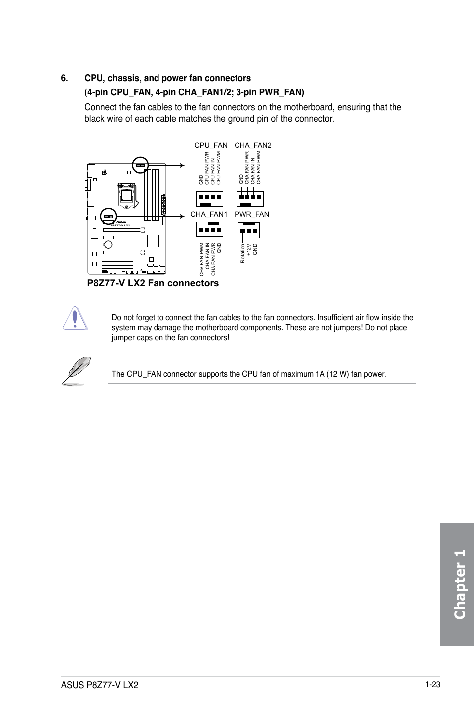 Chapter 1, Asus p8z77-v lx2, P8z77-v lx2 fan connectors | Asus P8Z77-V LX2 User Manual | Page 37 / 156