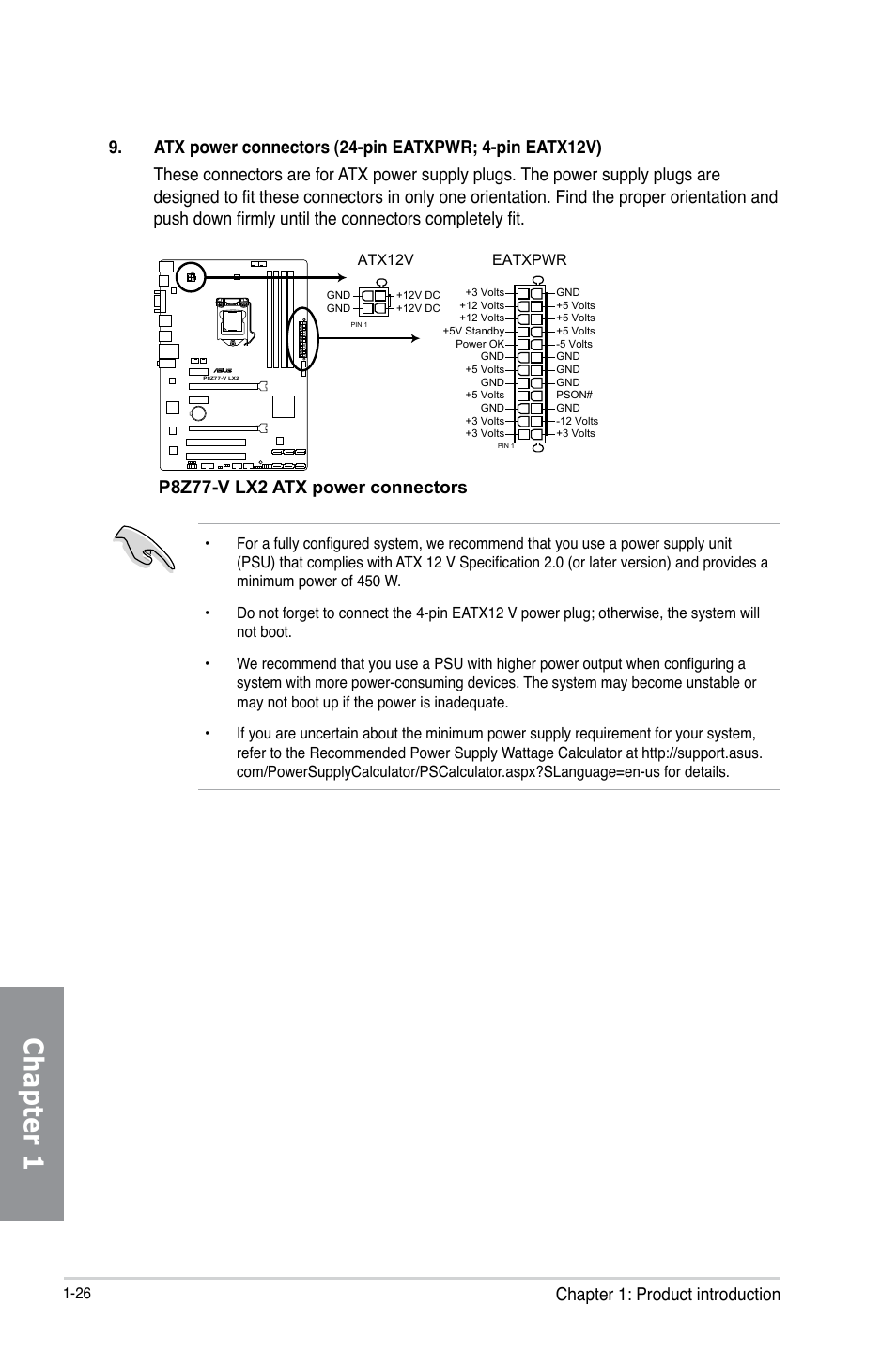 Chapter 1, Chapter 1: product introduction, P8z77-v lx2 atx power connectors | Asus P8Z77-V LX2 User Manual | Page 40 / 156