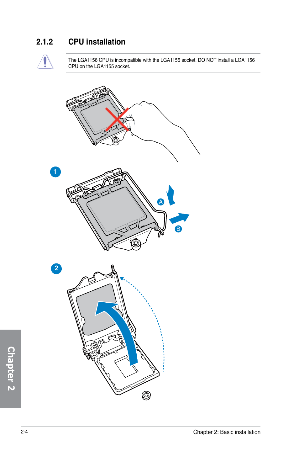 2 cpu installation, Cpu installation -4, Chapter 2 | Asus P8Z77-V LX2 User Manual | Page 46 / 156