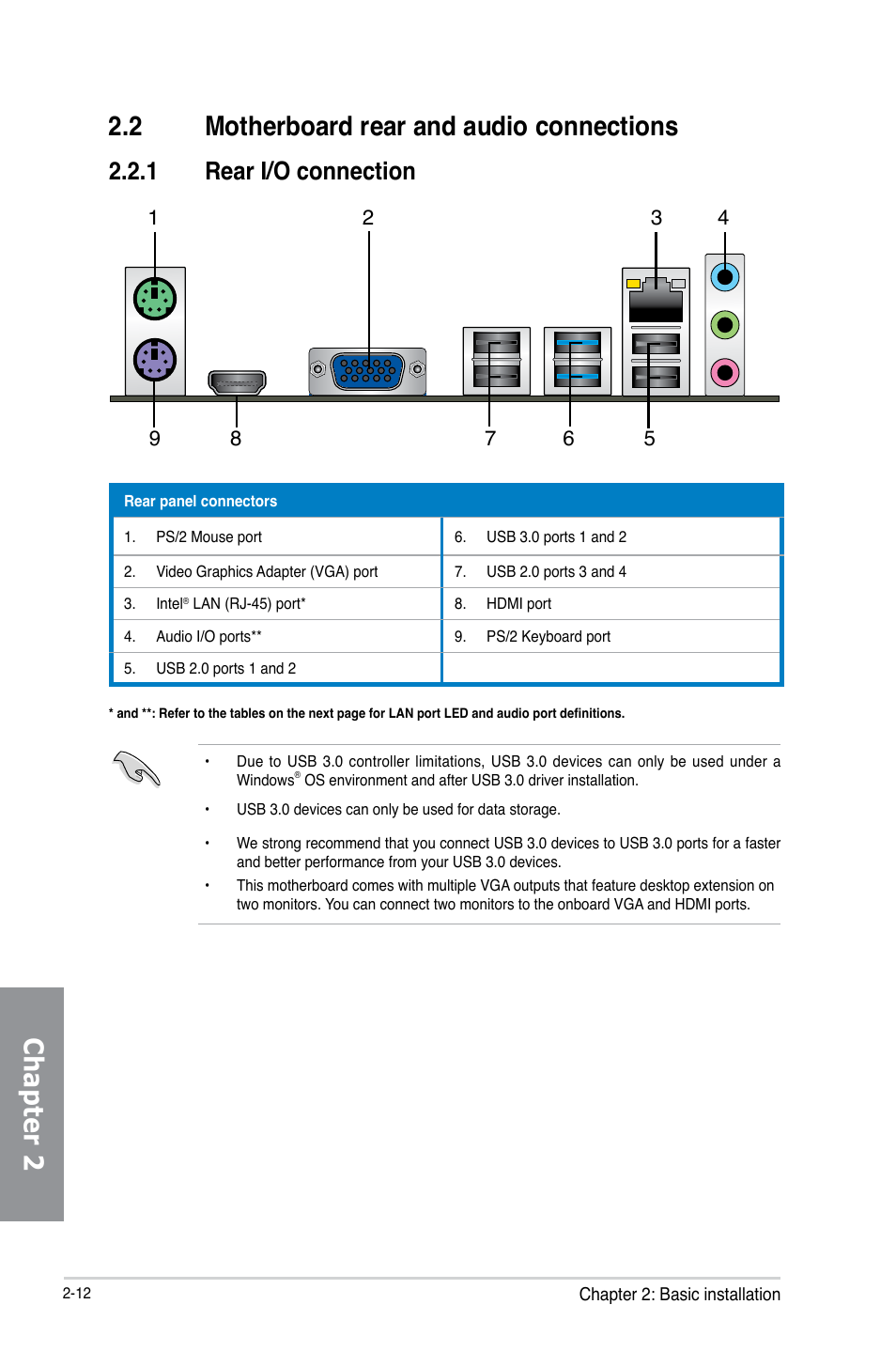 2 motherboard rear and audio connections, 1 rear i/o connection, Motherboard rear and audio connections -12 2.2.1 | Rear i/o connection -12 | Asus P8Z77-V LX2 User Manual | Page 54 / 156