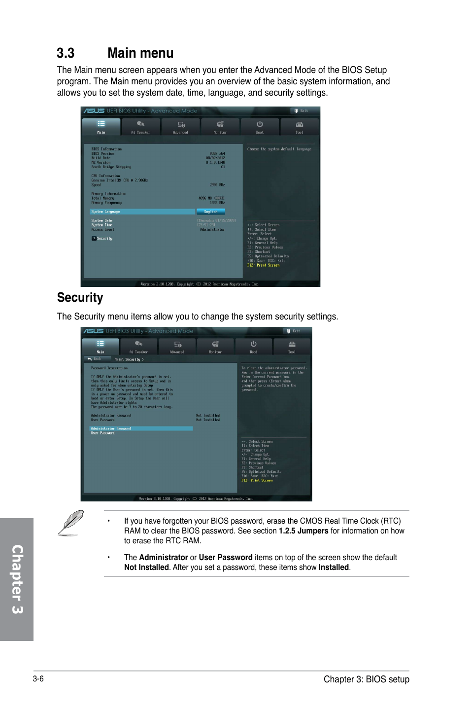 3 main menu, Main menu -6, Chapter 3 3.3 main menu | Security | Asus P8Z77-V LX2 User Manual | Page 64 / 156
