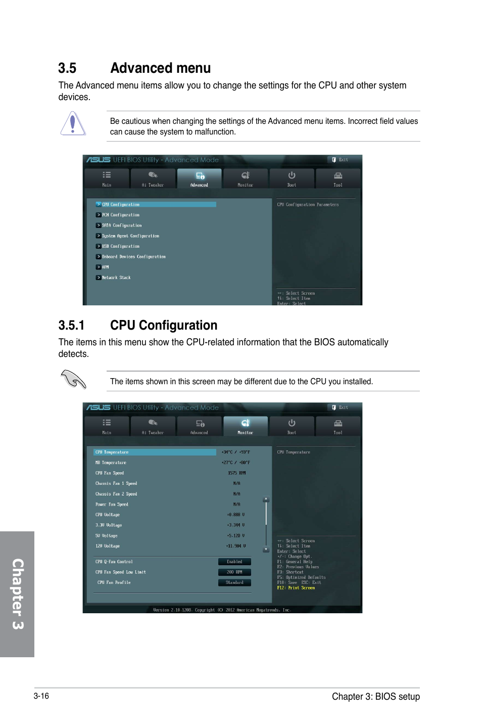 5 advanced menu, 1 cpu configuration, Advanced menu -16 3.5.1 | Cpu configuration -16, Chapter 3 3.5 advanced menu | Asus P8Z77-V LX2 User Manual | Page 74 / 156