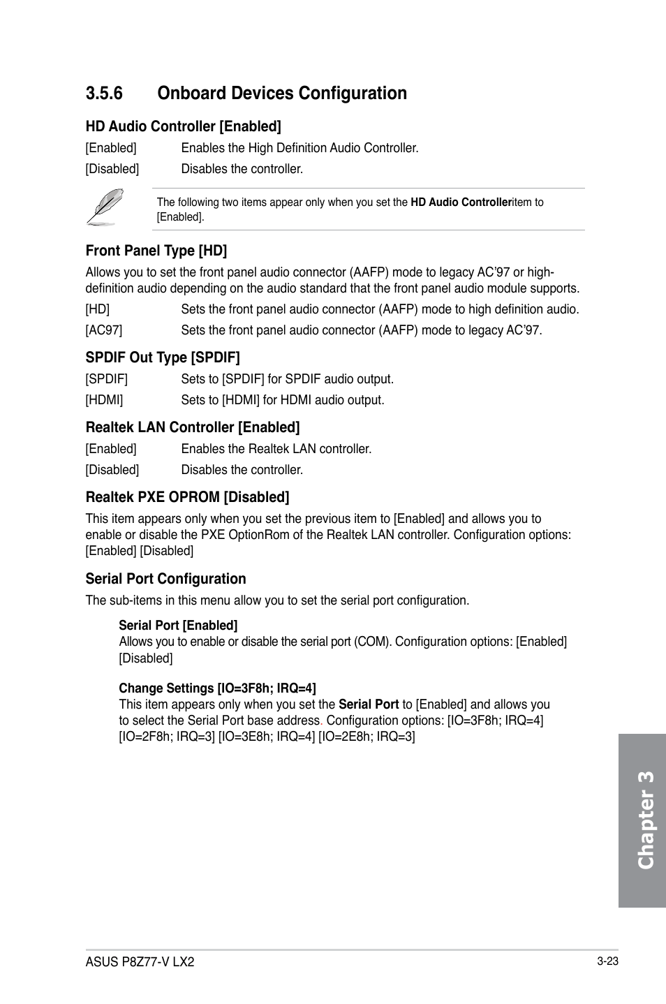 6 onboard devices configuration, Onboard devices configuration -23, Chapter 3 | Asus P8Z77-V LX2 User Manual | Page 81 / 156