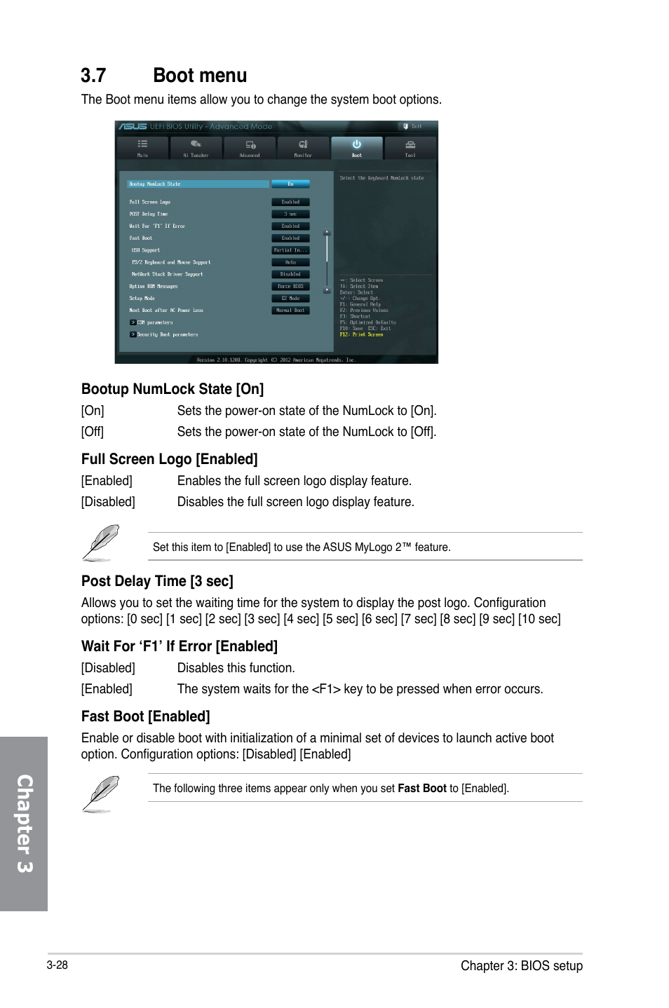 7 boot menu, Boot menu -28, Chapter 3 3.7 boot menu | Asus P8Z77-V LX2 User Manual | Page 86 / 156