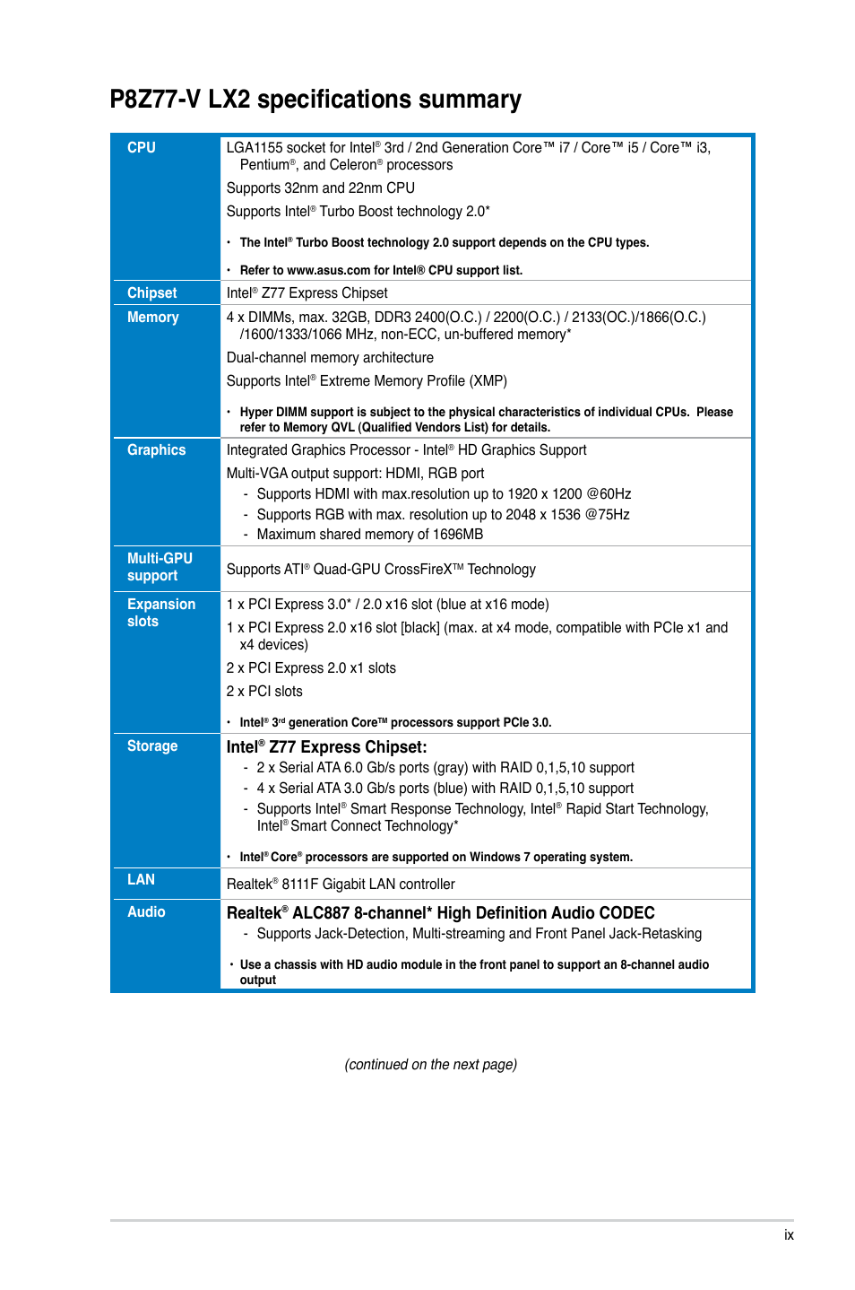 P8z77-v lx2 specifications summary, Intel, Z77 express chipset | Realtek, Alc887 8-channel* high definition audio codec | Asus P8Z77-V LX2 User Manual | Page 9 / 156