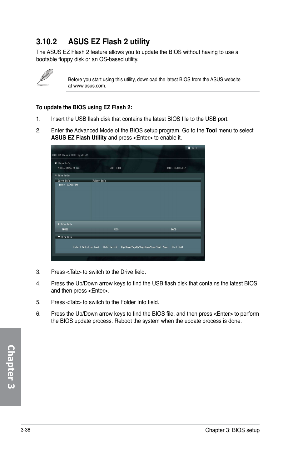 2 asus ez flash 2 utility, Asus ez flash 2 utility -36, Chapter 3 | Asus P8Z77-V LX2 User Manual | Page 94 / 156