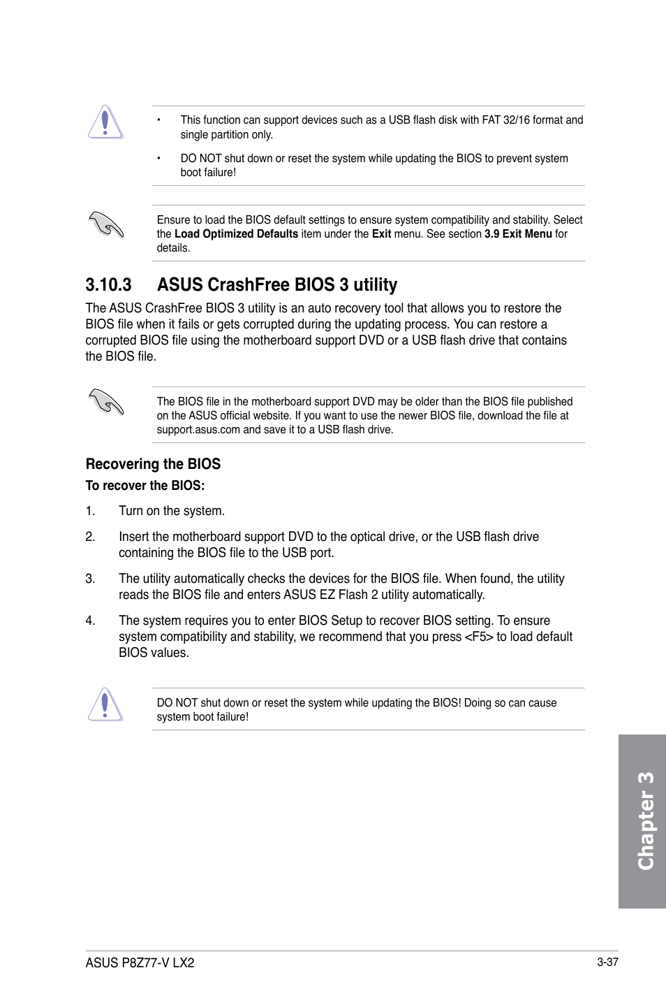 3 asus crashfree bios 3 utility, Asus crashfree bios 3 utility -37, Chapter 3 | Asus P8Z77-V LX2 User Manual | Page 95 / 156