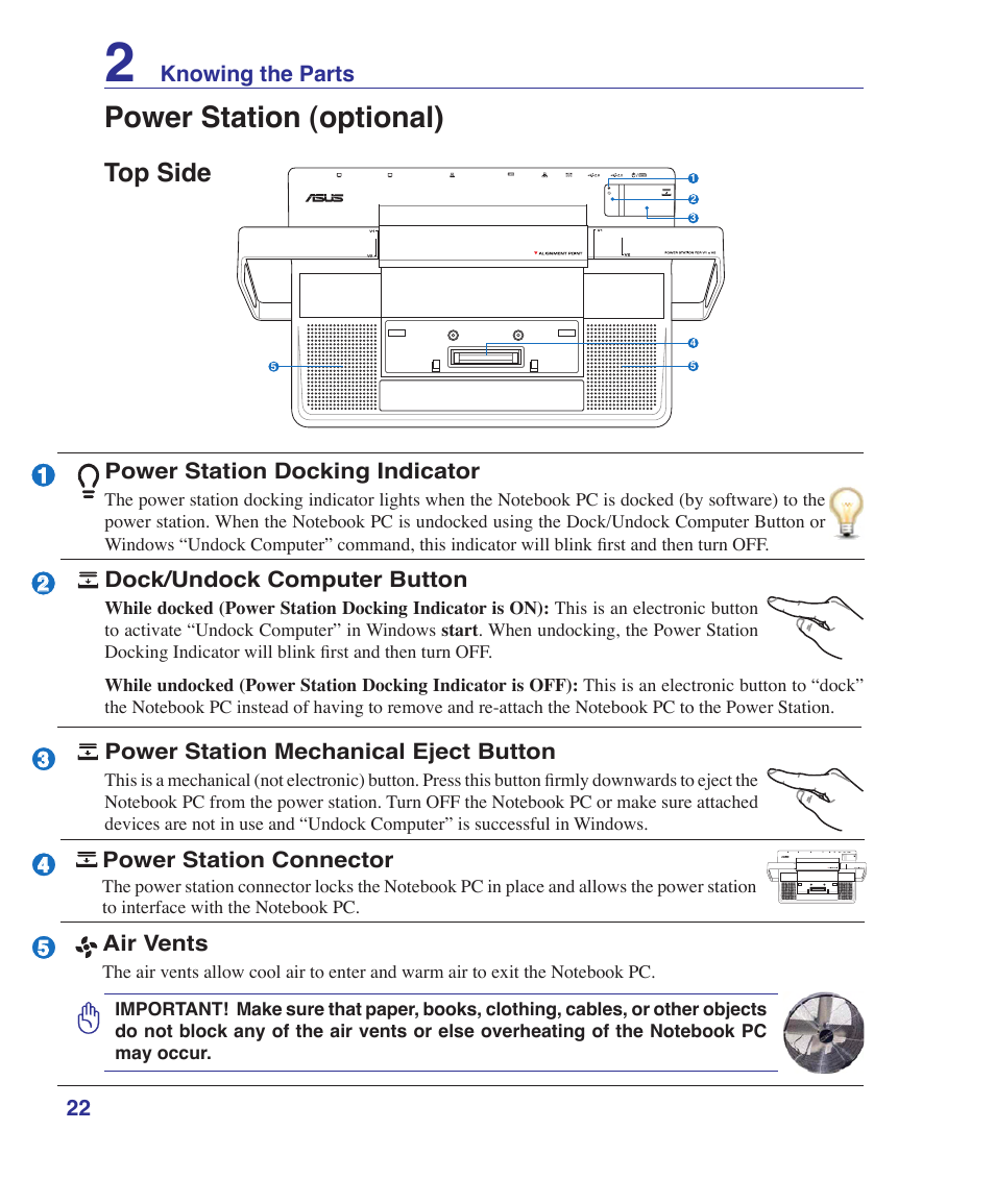 Top side, Power station (optional) | Asus V2Je User Manual | Page 22 / 97