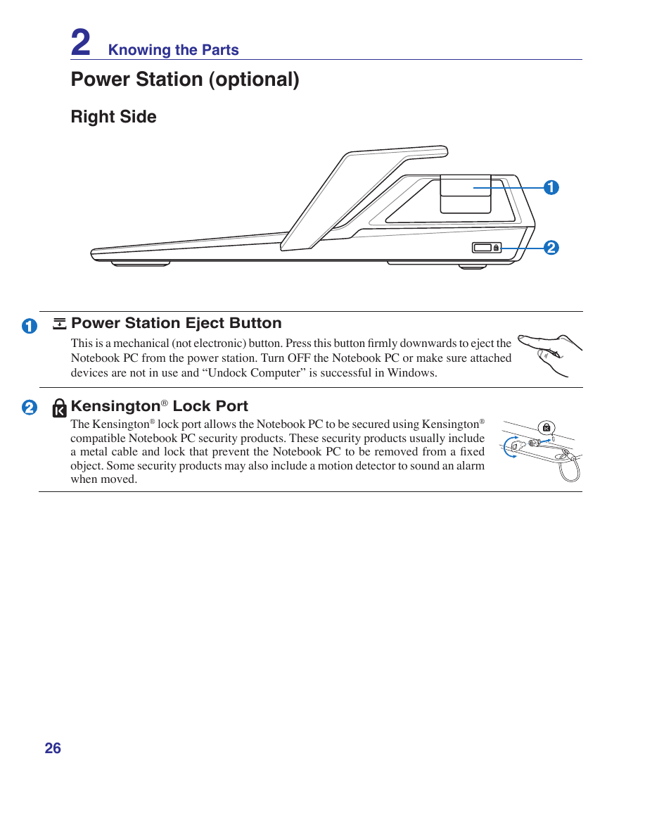 Right side, Power station (optional) | Asus V2Je User Manual | Page 26 / 97