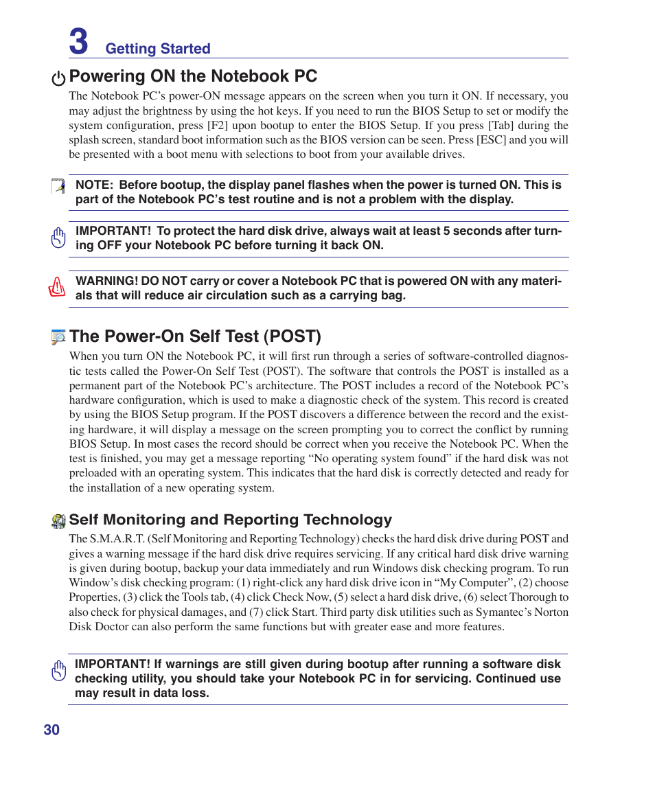 Powering on the notebook pc, The power-on self test (post) | Asus V2Je User Manual | Page 30 / 97