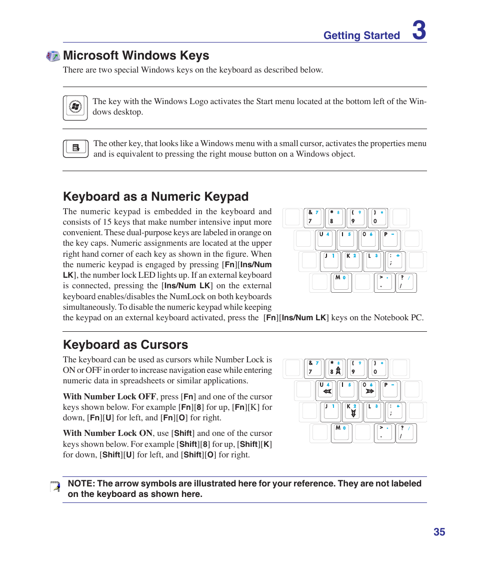 Microsoft windows keys, Keyboard as a numeric keypad, Keyboard as cursors | 3 getting started | Asus V2Je User Manual | Page 35 / 97