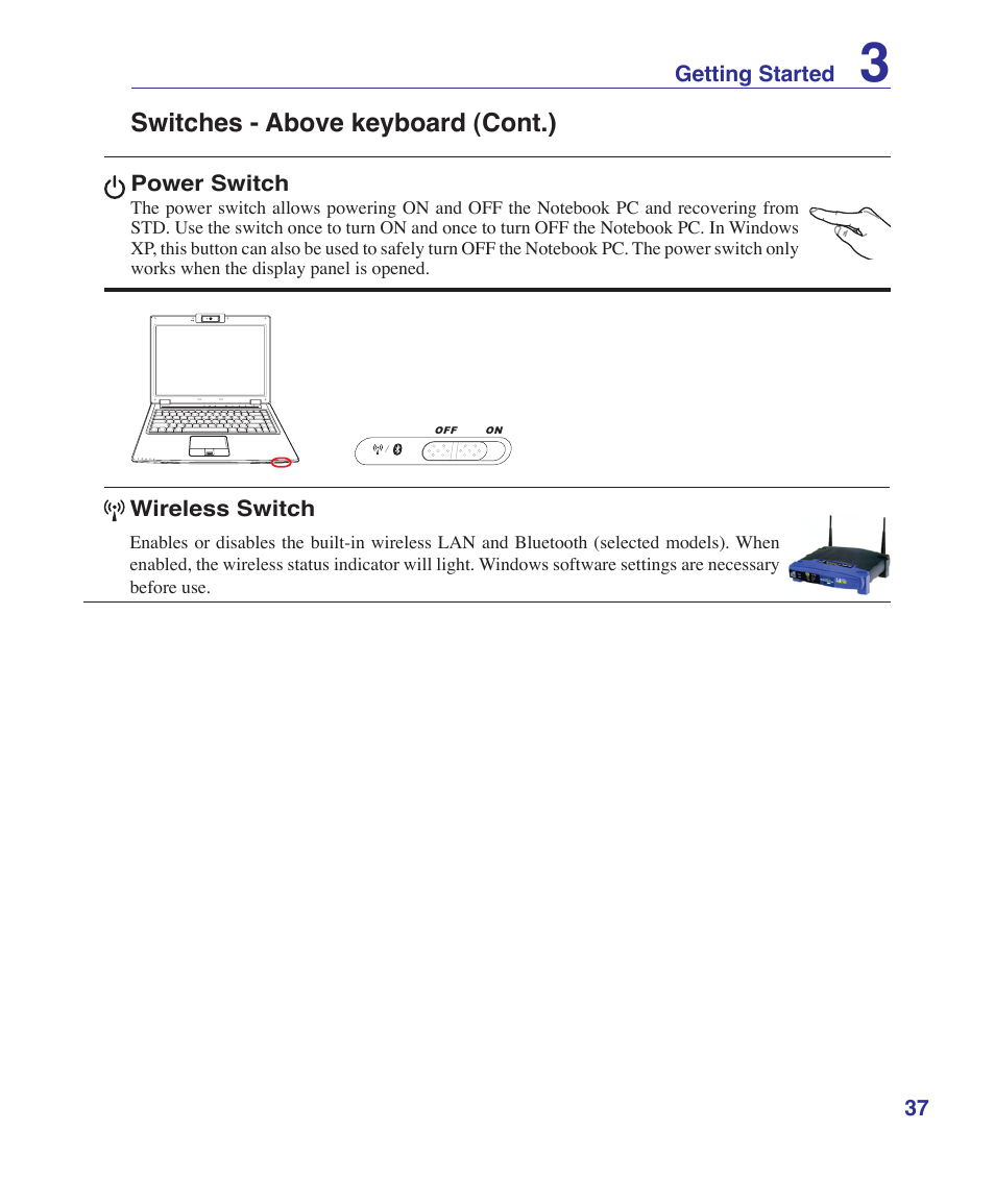 Switches - above keyboard (cont.) | Asus V2Je User Manual | Page 37 / 97