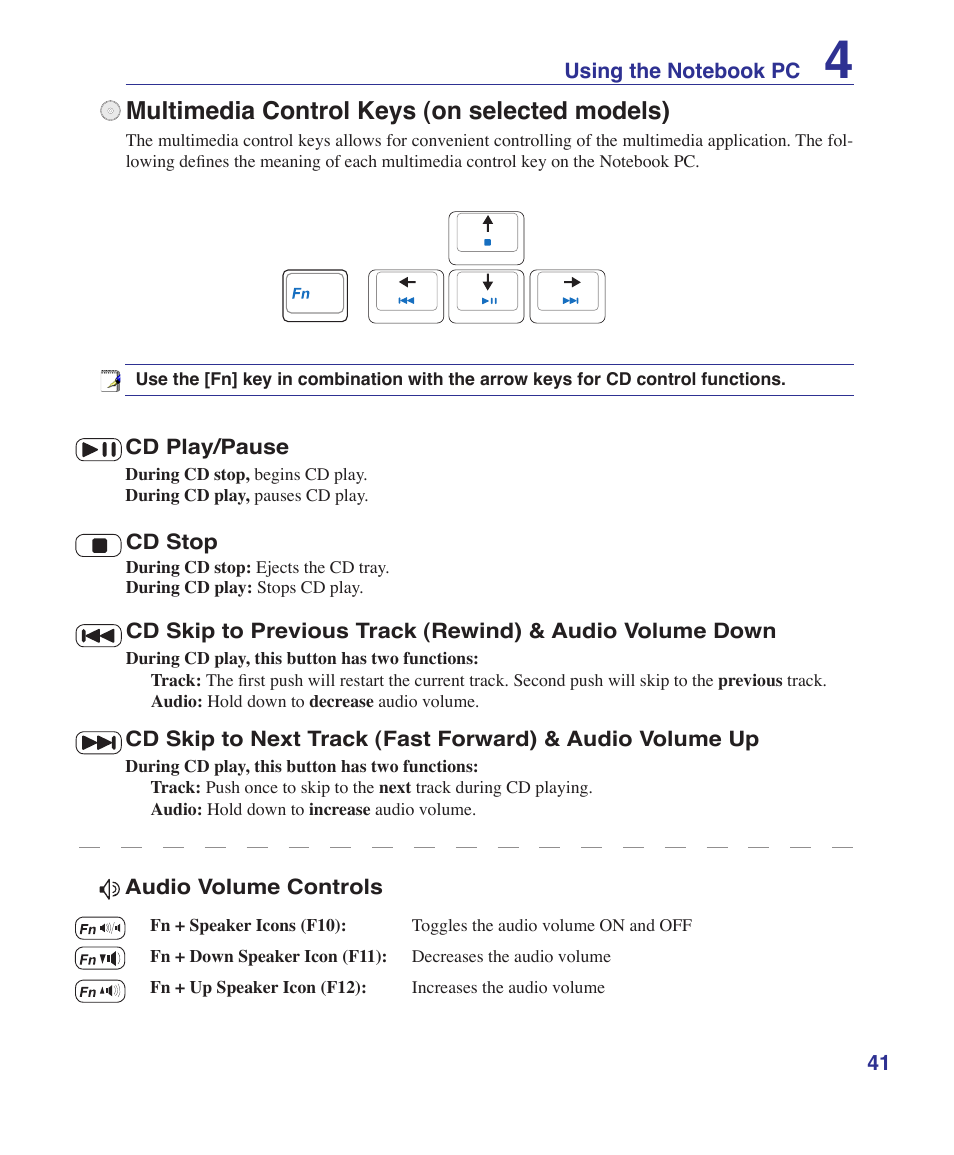 Multimedia control keys (on selected models) | Asus V2Je User Manual | Page 41 / 97