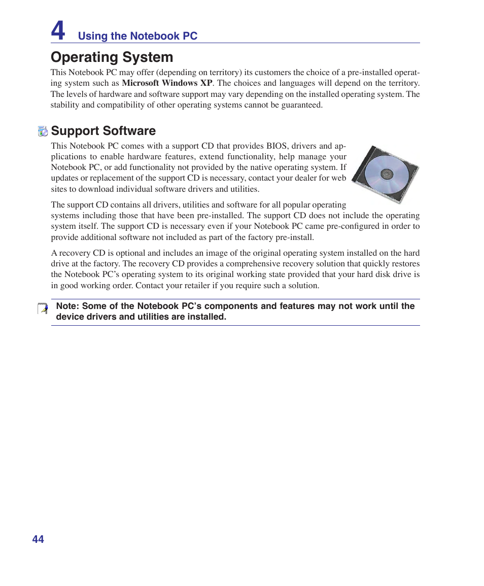 Operating system, Support software | Asus V2Je User Manual | Page 44 / 97