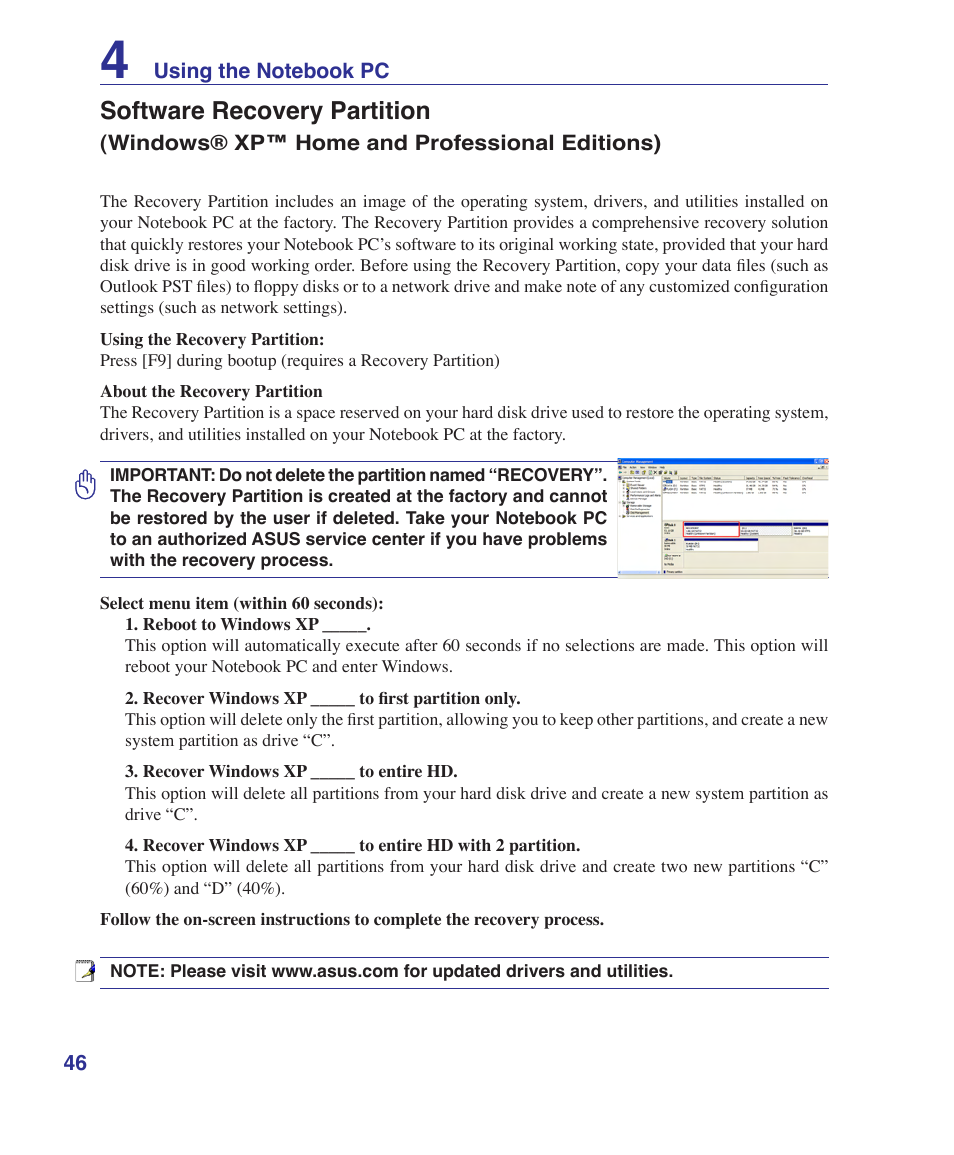 Software recovery partition | Asus V2Je User Manual | Page 46 / 97