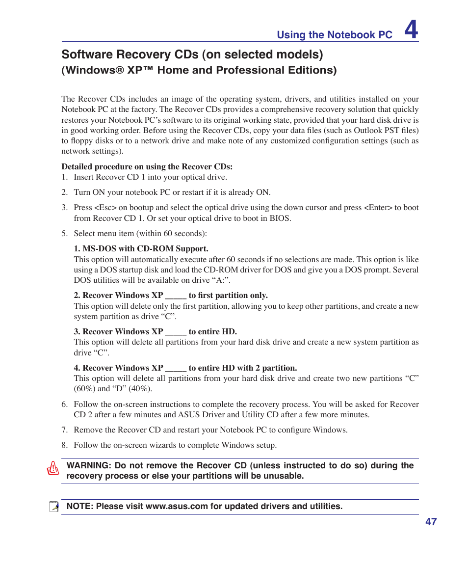 Software recovery cds (on selected models) | Asus V2Je User Manual | Page 47 / 97