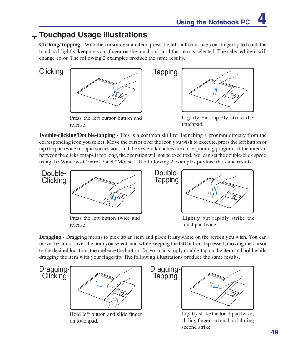 Touchpad usage illustrations, Dragging- clicking dragging- tapping | Asus V2Je User Manual | Page 49 / 97