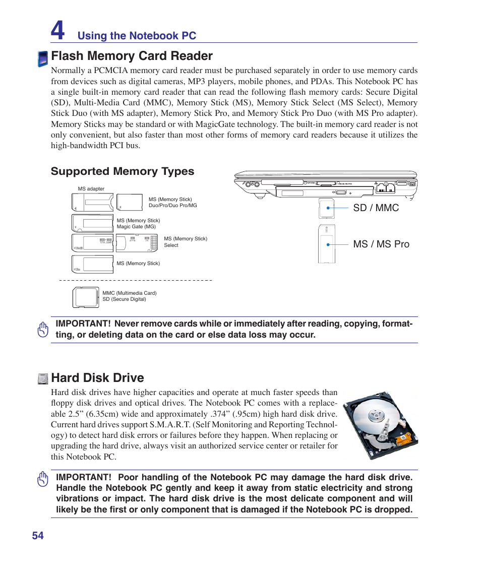 Flash memory card reader, Hard disk drive | Asus V2Je User Manual | Page 54 / 97
