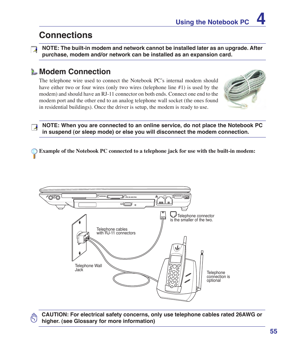 Connections, Modem connection | Asus V2Je User Manual | Page 55 / 97