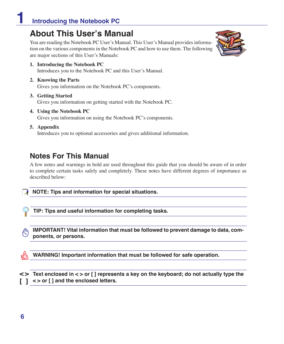 About this user’s manual, Notes for this manual | Asus V2Je User Manual | Page 6 / 97