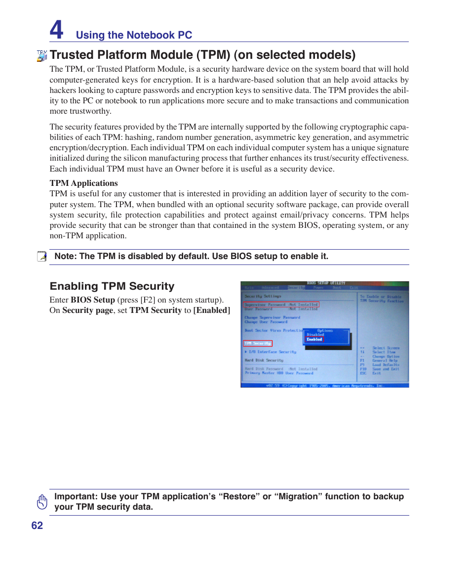 Trusted platform module (tpm) (on selected models) | Asus V2Je User Manual | Page 62 / 97