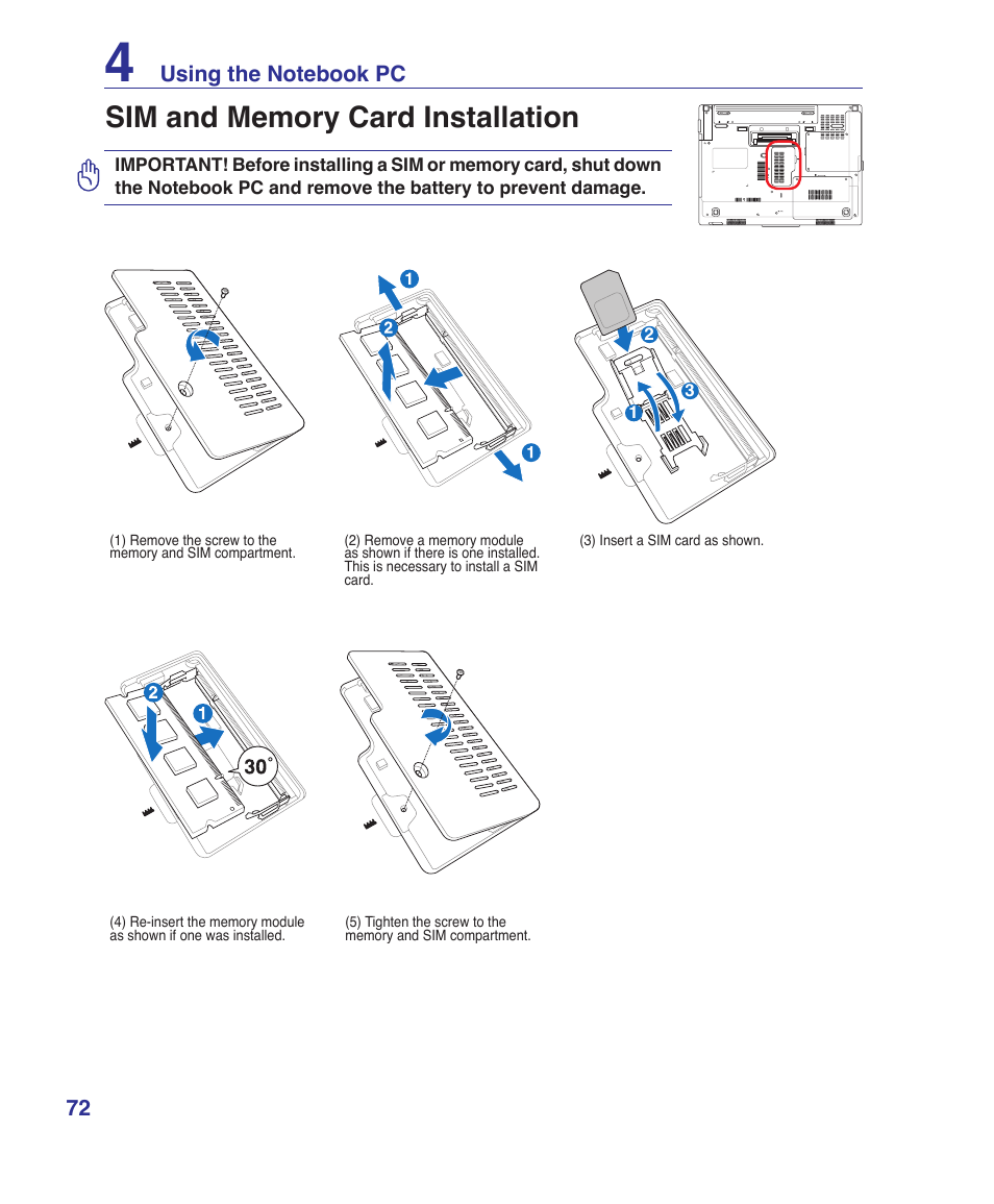 Sim and memory card installation | Asus V2Je User Manual | Page 72 / 97