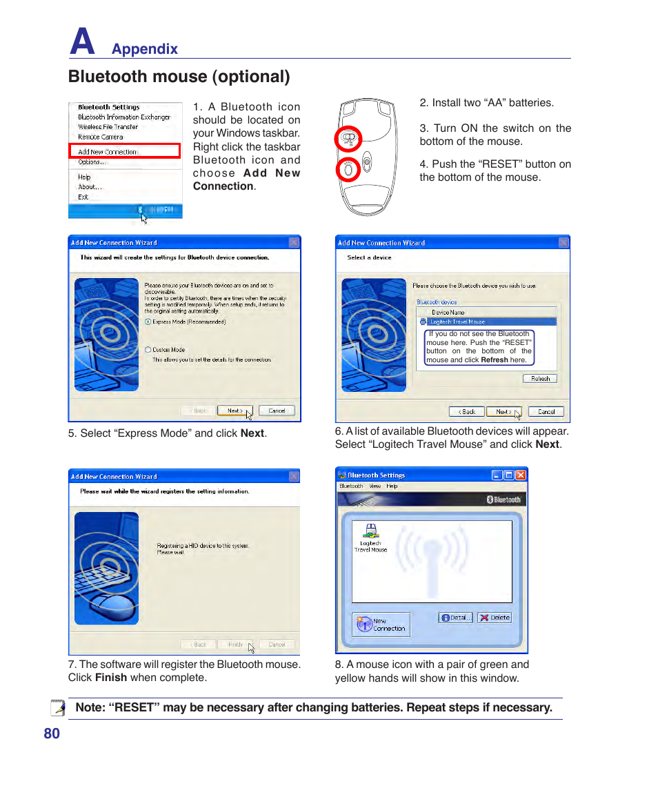 Bluetooth mouse (optional), Appendix | Asus V2Je User Manual | Page 80 / 97