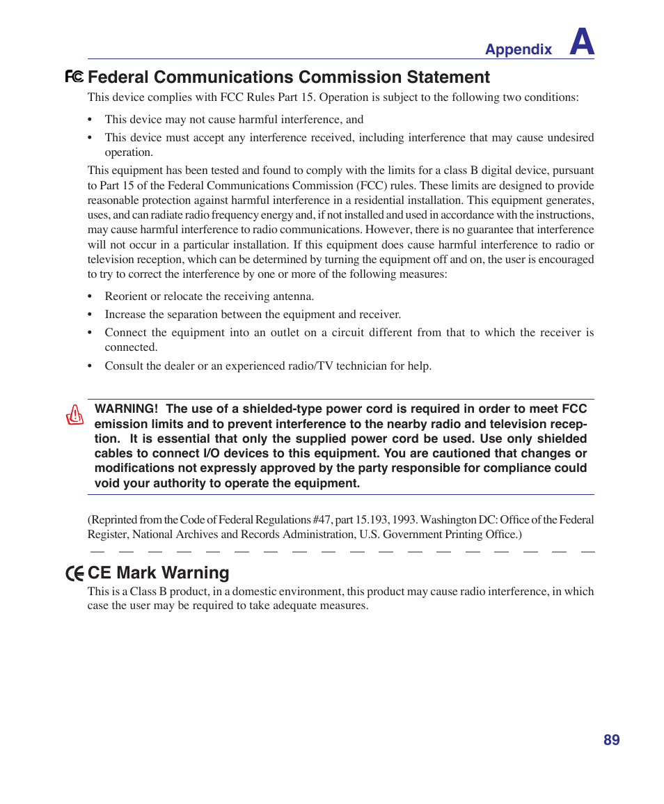 Federal communications commission statement, Ce mark warning | Asus V2Je User Manual | Page 89 / 97