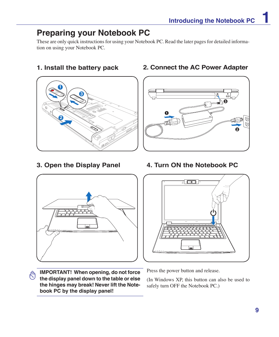Preparing your notebook pc | Asus V2Je User Manual | Page 9 / 97