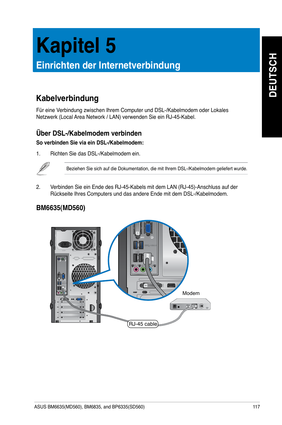 Kapitel 5, Einrichten der internetverbindung, Kabelverbindung | Kapitel.5, Einrichten.der.internetverbindung, De ut sc h de ut sc h | Asus BP6335 User Manual | Page 119 / 510