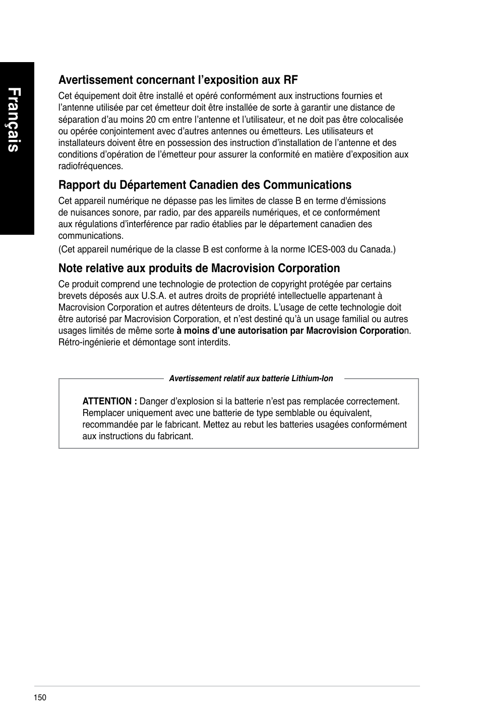 Fra nç ais fr an ça is fra nç ais fr an ça is | Asus BP6335 User Manual | Page 152 / 510