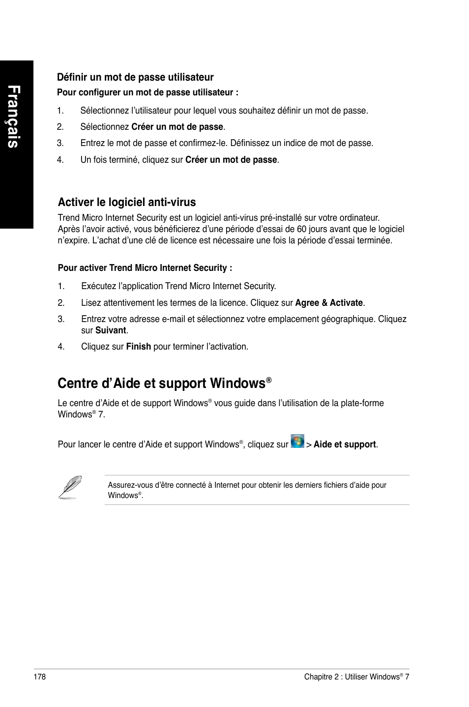 Centre d’aide et support windows, Fra nç ais fr an ça is, Centre.d’aide.et.support.windows | Activer.le.logiciel.anti-virus | Asus BP6335 User Manual | Page 180 / 510