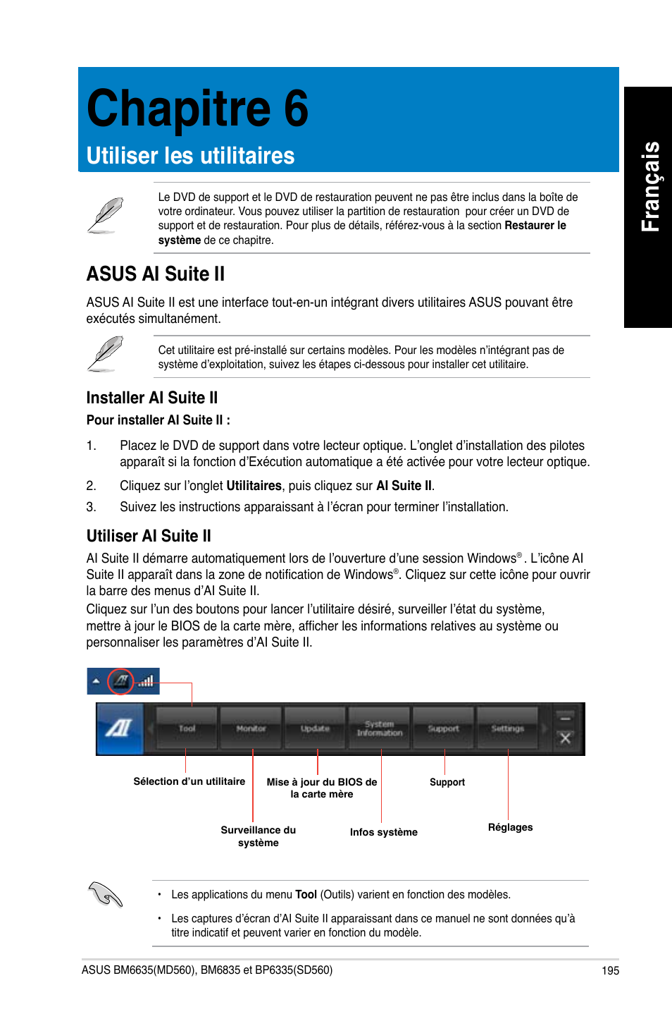 Chapitre 6, Utiliser les utilitaires, Asus ai suite ii | Chapitre.6, Utiliser.les.utilitaires, Fra nç ais fr an ça is, Asus.ai.suite.ii | Asus BP6335 User Manual | Page 197 / 510