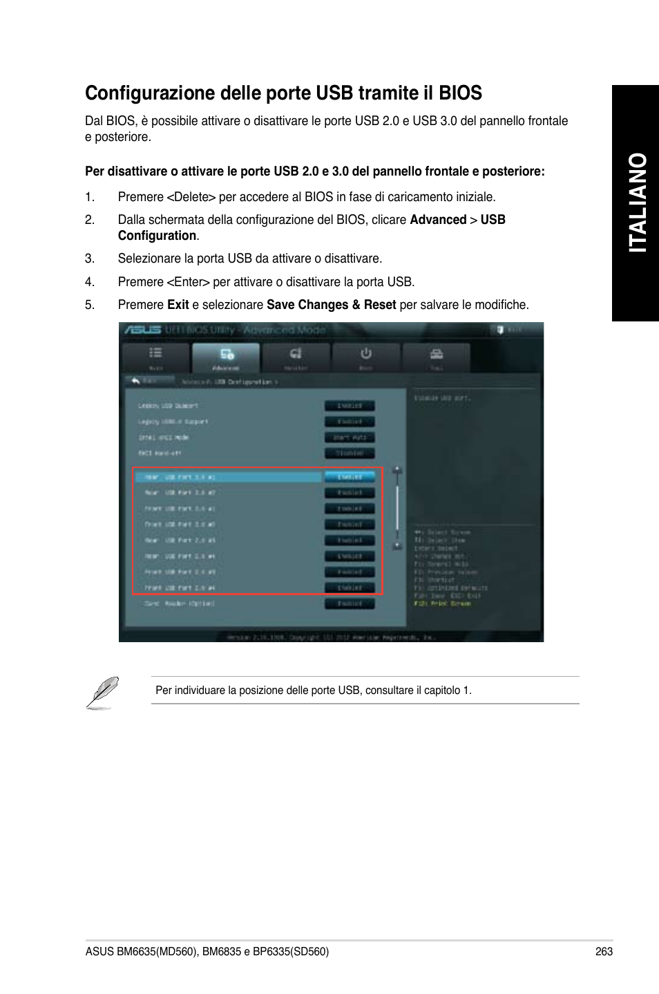 Configurazione delle porte usb tramite il bios, Ita lia no it al ia no | Asus BP6335 User Manual | Page 265 / 510