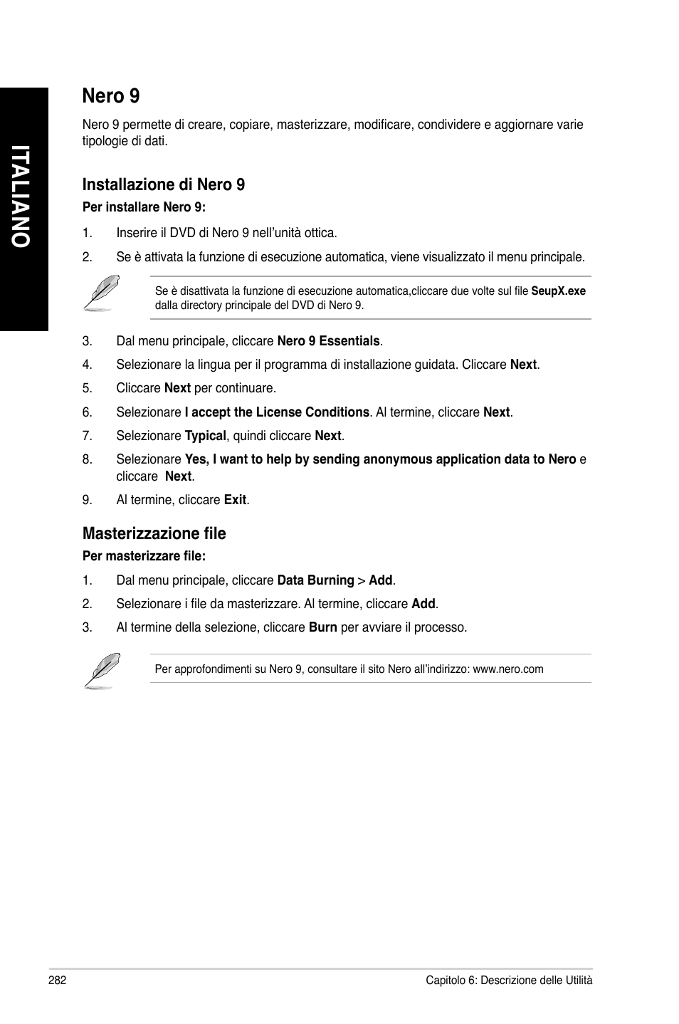 Nero 9, Ita lia no it al ia no ita lia no it al ia no, Nero.9 | Asus BP6335 User Manual | Page 284 / 510